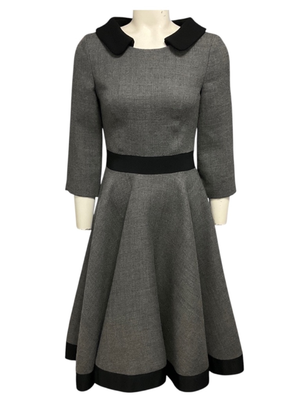 PRADA GREY / BLACK COLLARED WOOL FLARED MIDI DRESS